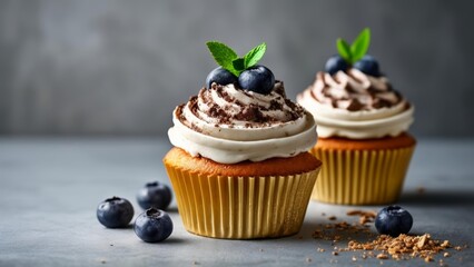 Poster -  Deliciously decadent cupcakes with blueberry and mint garnish