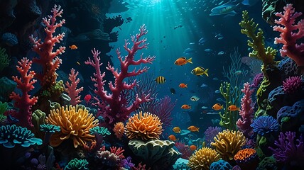 Wall Mural - Imaginative underwater scenes with coral reefs, aquatic plants, and marine life in vibrant colors, evoking a sense of tranquility and underwater exploration. Generative Ai.