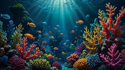 Wall Mural - Imaginative underwater scenes with coral reefs, aquatic plants, and marine life in vibrant colors, evoking a sense of tranquility and underwater exploration. Generative Ai.