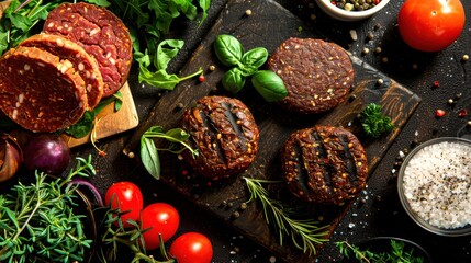 Wall Mural - Tasty Plant-Based Meat and Vegan Burgers for Healthy Eating - Ideal for Vegetarian Barbecue and Sustainable Food Choices with Meat Alternatives