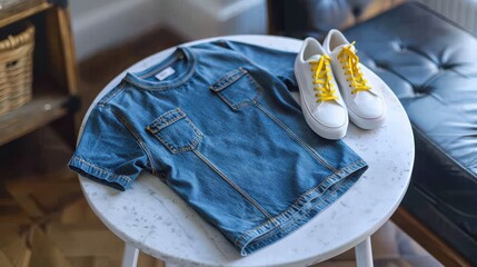Denim t-shirt on a white marble table, white sneakers with yellow laces, and black jeans.