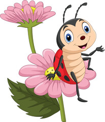 Wall Mural - Illustration of cartoon ladybug sitting on a flower