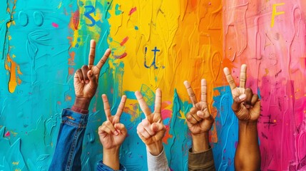 Diverse Hands Making Peace Signs Against Colorful Graffiti Wall