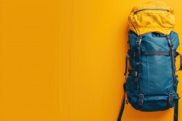 A minimalist image showcasing a bright orange backpack on a simple, light blue backdrop. This simple yet impactful image symbolizes adventure, travel, and exploration