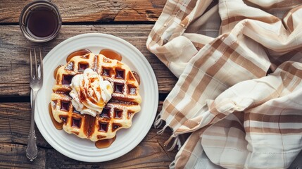 Sticker - Custard Waffle on White Plate with Wooden Table Background