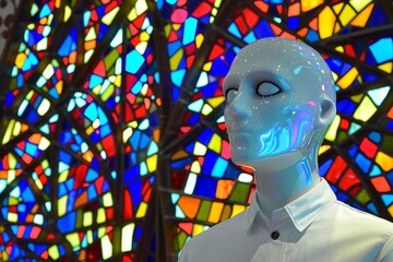 Wall Mural - Colorful stained glass background with futuristic mannequin head