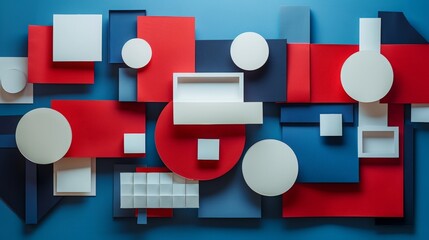 Canvas Print - a minimalictic geometrical composition of a paper made circles and squares, minimal sculpture, areal view, red, white and cobalt blue, harmonic arrangements