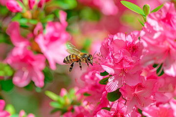 Wall Mural - Bee flying towards a pink flower in full bloom, showcasing the beauty of nature and pollination