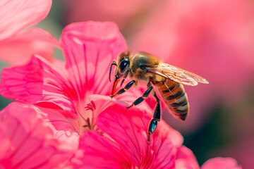 Wall Mural - Close-up of a bee on a vibrant pink flower, capturing details of pollination and natural beauty