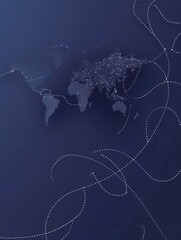 Poster - A minimalistic illustration of the world map with dotted lines showcasing travel routes. Ideal for travel agencies and companies. Generative AI