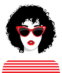 Wall Mural - 1496_Beautiful woman with black curly hair and cat-eye red sunglasses_B