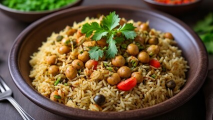 Wall Mural -  Deliciously seasoned rice with chickpeas and herbs