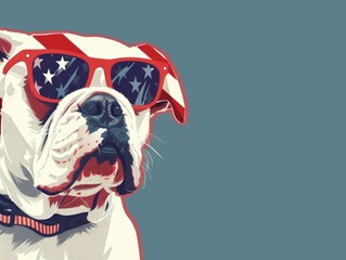 Poster - A dog wearing sunglasses and a red, white and blue American flag. The dog is looking at the camera