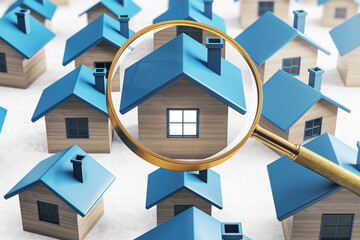 Poster - Miniature houses with blue roofs and a magnifying glass focusing on one, illustrating real estate concept, light background. 3D Rendering