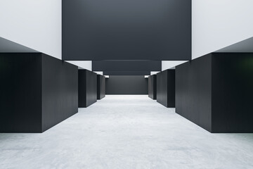 Aufkleber - A modern interior of a gallery or exhibition space with empty black walls and gray flooring on a light background, concept of a minimalist design. 3D Rendering