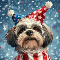 Wall Mural - A small dog is wearing a red, white, and blue hat and scarf. The dog is looking at the camera with a patriotic expression