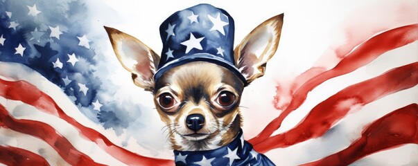 Wall Mural - A chihuahua wearing a patriotic hat and a red, white, and blue American flag