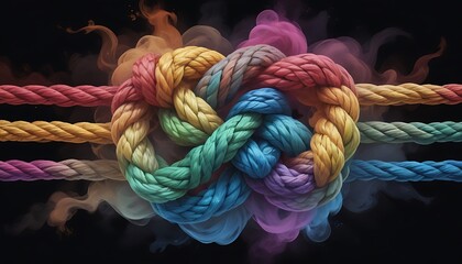 Team rope diverse strength connect partnership together teamwork unity communicate support. Strong diverse network rope team concept integrate braid color background cooperation empower power.