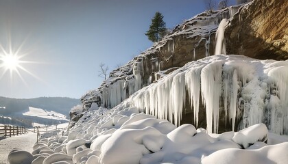 Wall Mural - A dramatic cliffside draped in icicles, with a frozen waterfall cascading down