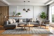 © ilyas - big white living room.interior design,gray and black sofa,wooden table,lamp,carpet ,wall for mock up and copy space