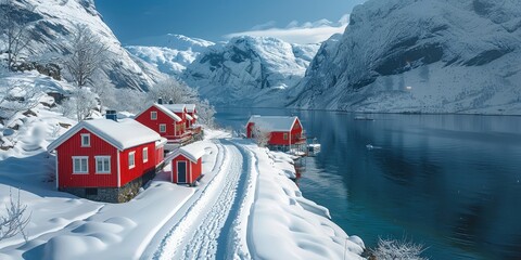 Poster - Red Cabins in a Snowy Mountain Landscape