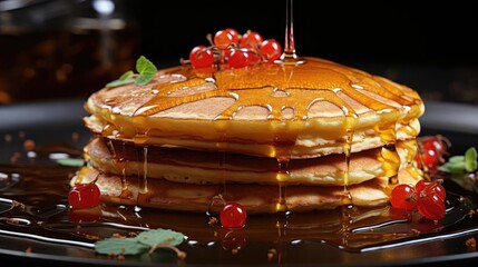 Wall Mural - Close-Up of pile of pancakes with melted sweet syrup and fruit toppings with a blurred background