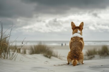 A corgi dog standing on the beach with its back to the camera, watching people play frisbee in the distance, cloudy sky, dune background, rule of thirds composition, Sony Alpha A7 III, f/8, focal leng
