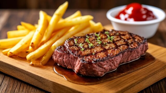  Deliciously cooked steak and fries ready to be savored