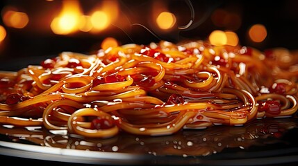 Poster - close up delicious spaghetti full of spices, black and blur background