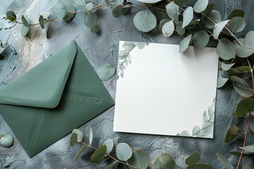 Wall Mural - Wedding stationery set. Green envelopes and blank paper card on concrete table