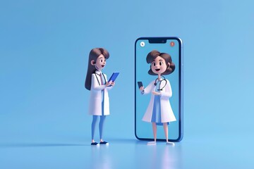 3D illustration of a doctor having a virtual consultation with another doctor via a smartphone screen. Modern medical technology concept in simple cartoon style. Generative AI