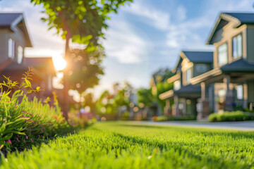 Wall Mural - Suburban neighborhood in sunlight with well-maintained lawns and blooming gardens. Modern houses among lush green spaces. Sustainable urban neighborhood