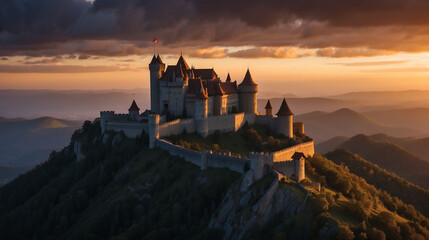 castle on a mountain with sunset