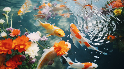 Mysterious and beautiful goldfish swimming in the water.