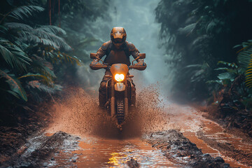 A driver motor cross motorcycle off road on a mud road in rain forest.