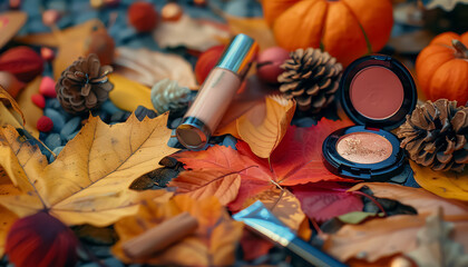 Wall Mural - A makeup kit is on top of a pile of leaves