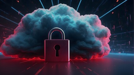 cloud with padlock, technology concept with digital data and cloud icon on blue and red background, online storage system, history information, data connection, internet network, cyber security