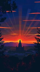 Wall Mural - Sunset or sunrise over a religious monument conveying contemplation. ,Dark Color light ,vectorline design , illustration , Mobile Wallpaper