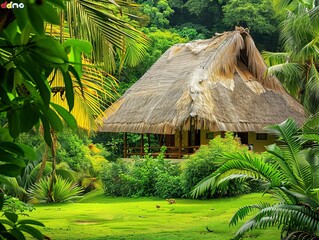 Canvas Print - Escape to paradise with this image of a tropical hut nestled among lush greenery, an idyllic wallpaper or background for relaxation