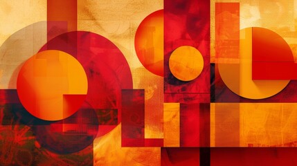 Sticker - An abstract composition of geometric shapes, featuring 3D blocks and circles intersecting with squares. Textured elements, in a vivid palette of red, orange, yellow.