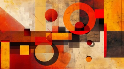 Wall Mural - An abstract composition of geometric shapes, featuring 3D blocks and circles intersecting with squares. Textured elements, in a vivid palette of red, orange, yellow.