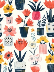 Leinwandbilder - A whimsical illustration showcasing a variety of flowers in decorative pots, perfect for adding a touch of color and nature to any home. Generative AI