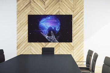 Poster - Abstract creative world map on presentation screen in a modern conference room, tourism and traveling concept. 3D Rendering