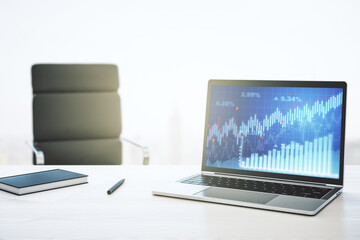 Poster - Modern computer monitor with abstract creative financial chart, research and strategy concept. 3D Rendering