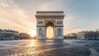 © WACHI - Scenic view of the Arc de Triomphe at sunrise in Paris with clear skies and historic architecture in the background.