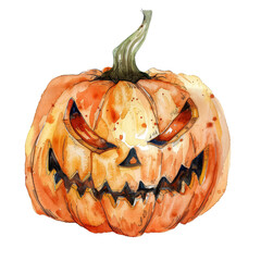 Poster - A watercolor painting of a pumpkin with a scary face