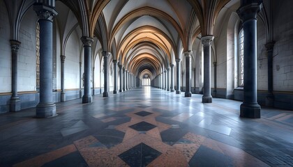 Wall Mural - 3D backdrop, long church corridor, sunlight shining through windows and casting shadows on tiled floor.