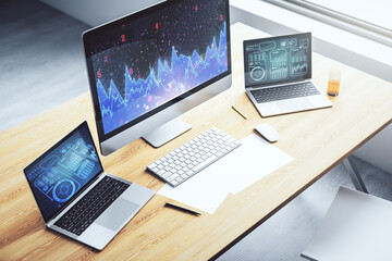 Poster - Modern computer screen with creative statistics data hologram, stats and analytics concept. 3D Rendering