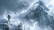 © watanu - A mountaineer ascending the rocky, windswept face of K2, with snow swirling around in the high altitude