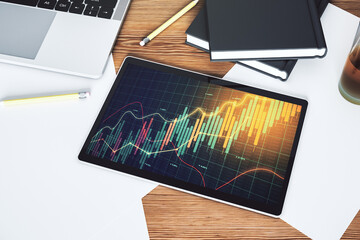 Poster - Top view of abstract creative financial graph on modern digital tablet screen, forex and investment concept. 3D Rendering